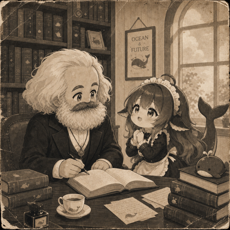 A whale girl asking Marx for advice — the spirit of kritik.
